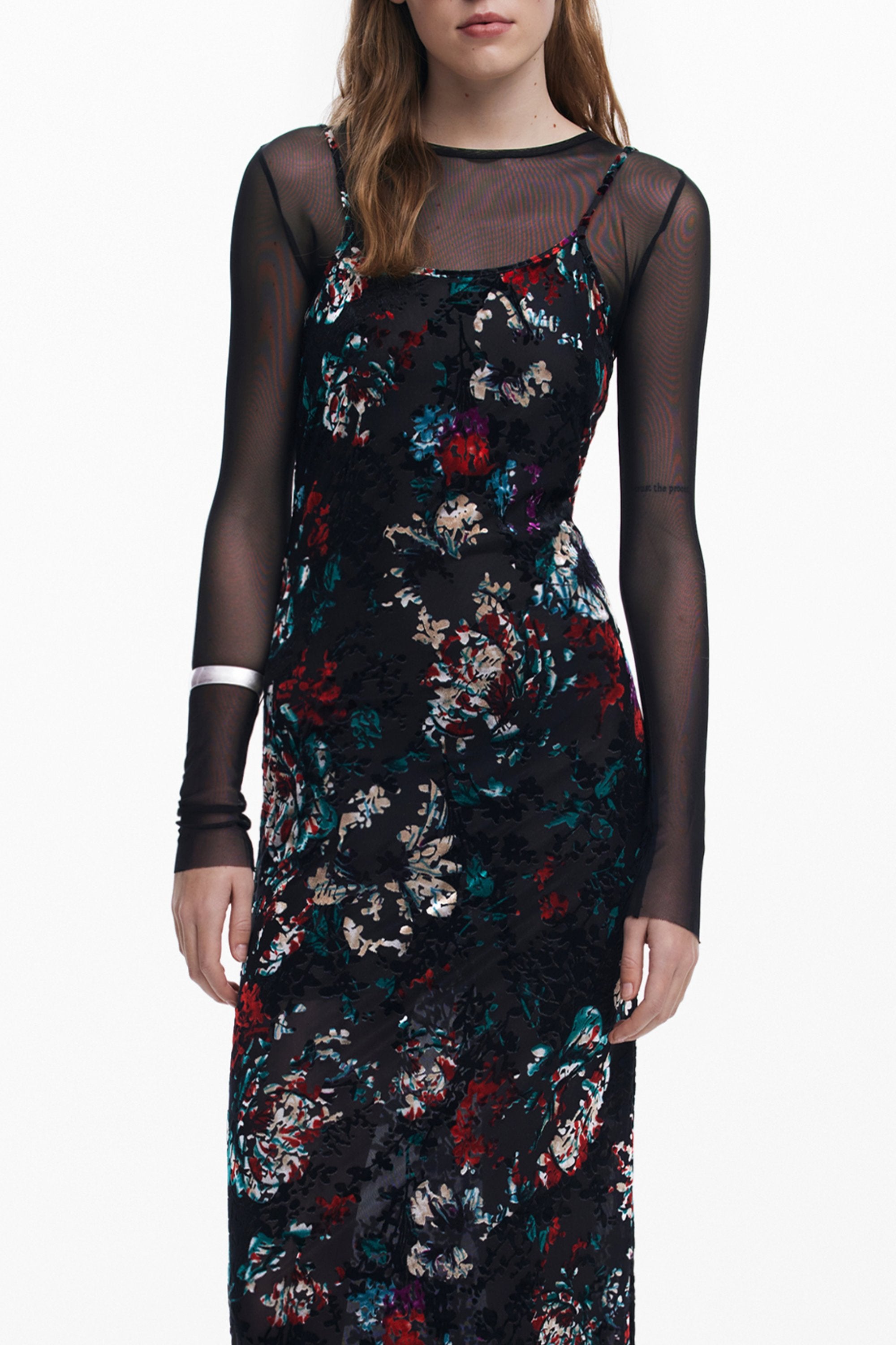 Desigual langes Damenkleid schwarz – Gemustertes Abendkleid mit Unterhose Schwarz