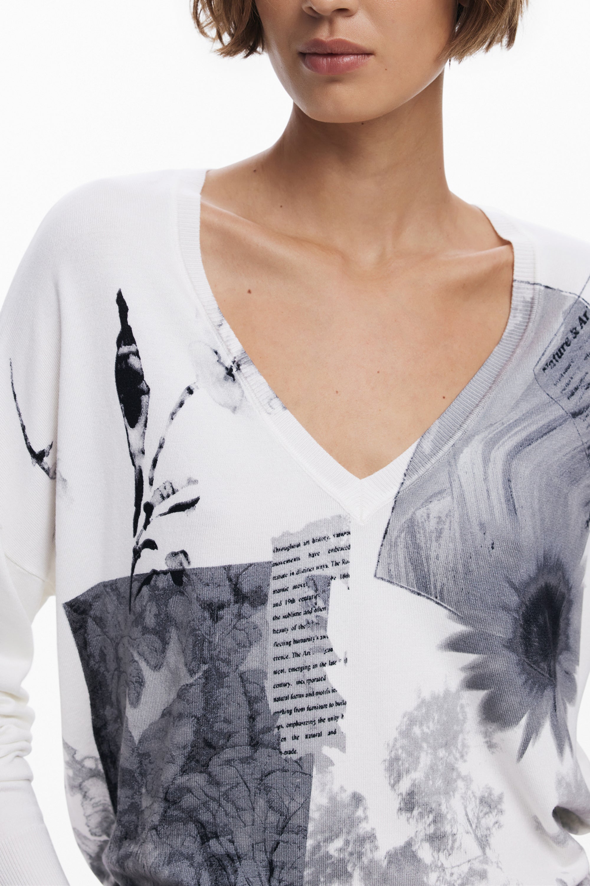 DESIGUAL Pullover Damen – Weißer V-Ausschnitt Pullover mit Muster für Herbst/Winter Weiß