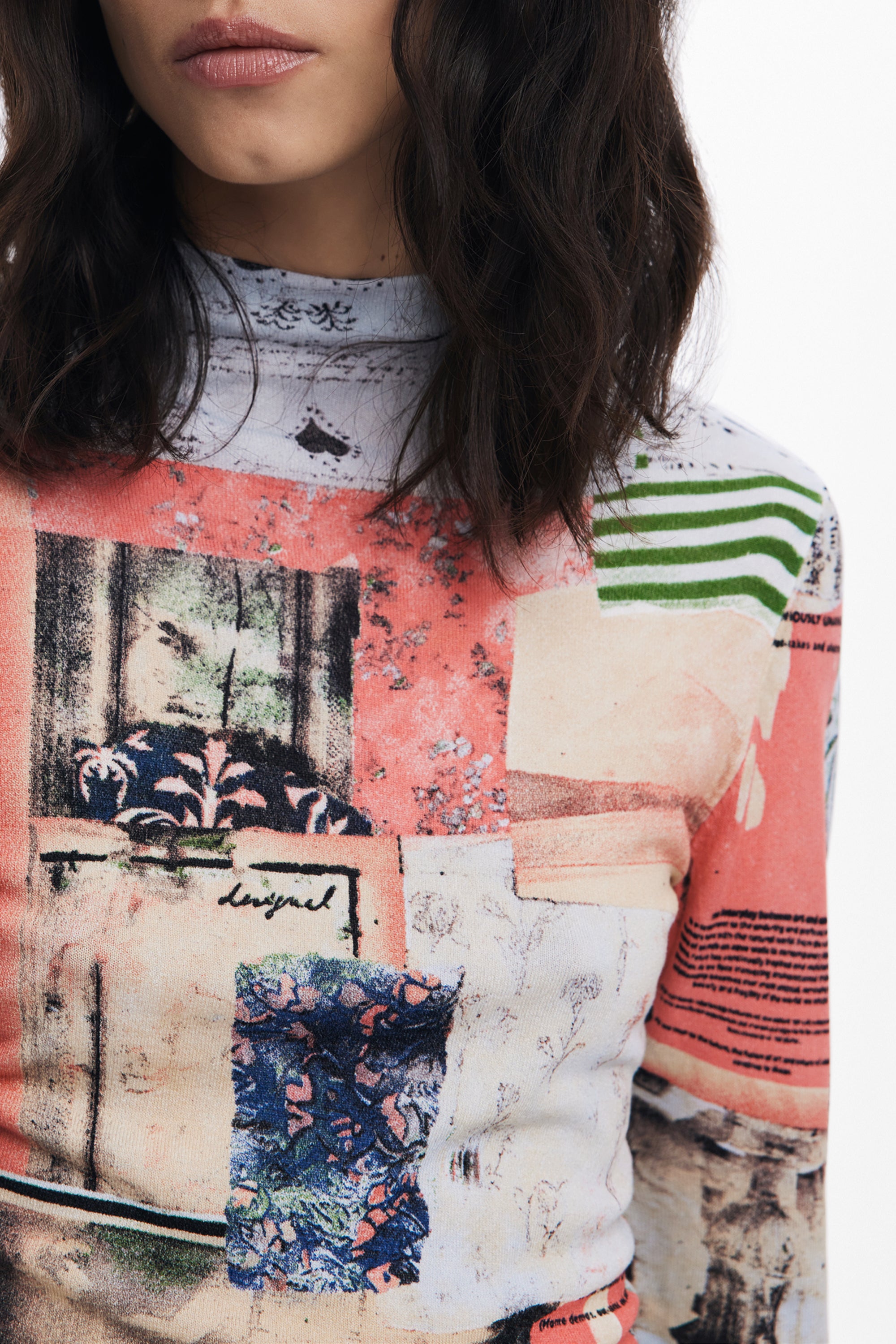DESIGUAL Pullover Damen – Rosa gemustertes Langarmshirt mit Rollkragen | soulluna.de Rosa