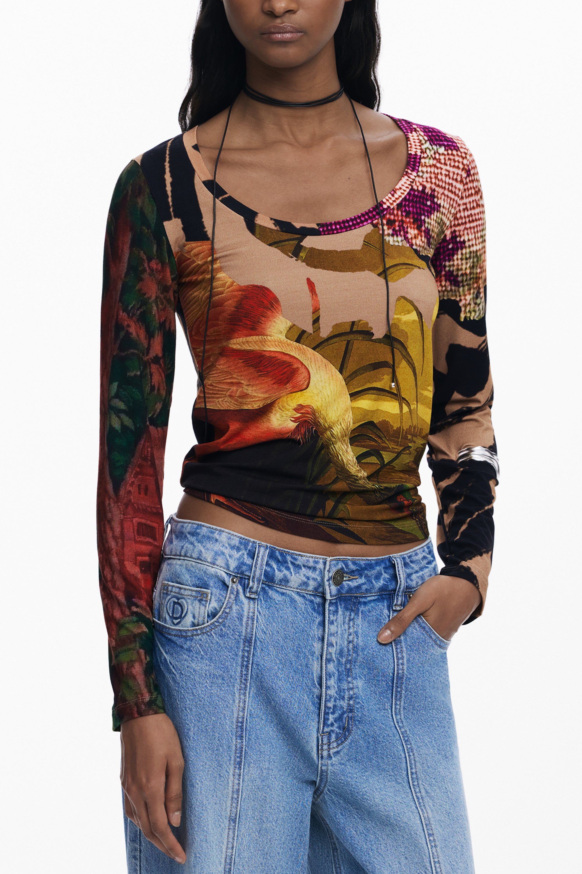 DESIGUAL Damen Langarm-T-Shirt Braun – Gemustertes Viscosa-Shirt für Herbst/Winter Braun