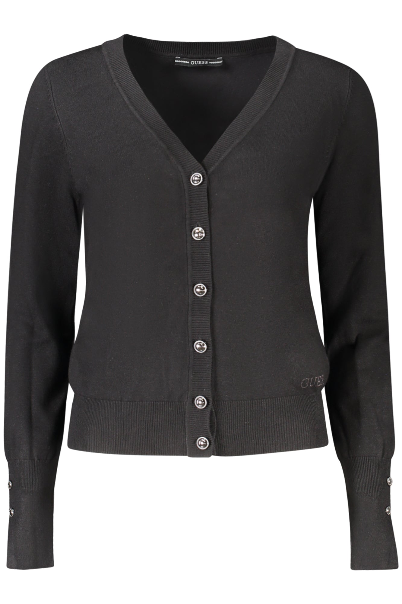 GUESS JEANS Damen-Cardigan Weiss – V-Ausschnitt mit Strass-Applikationen | soulluna.de Schwarz