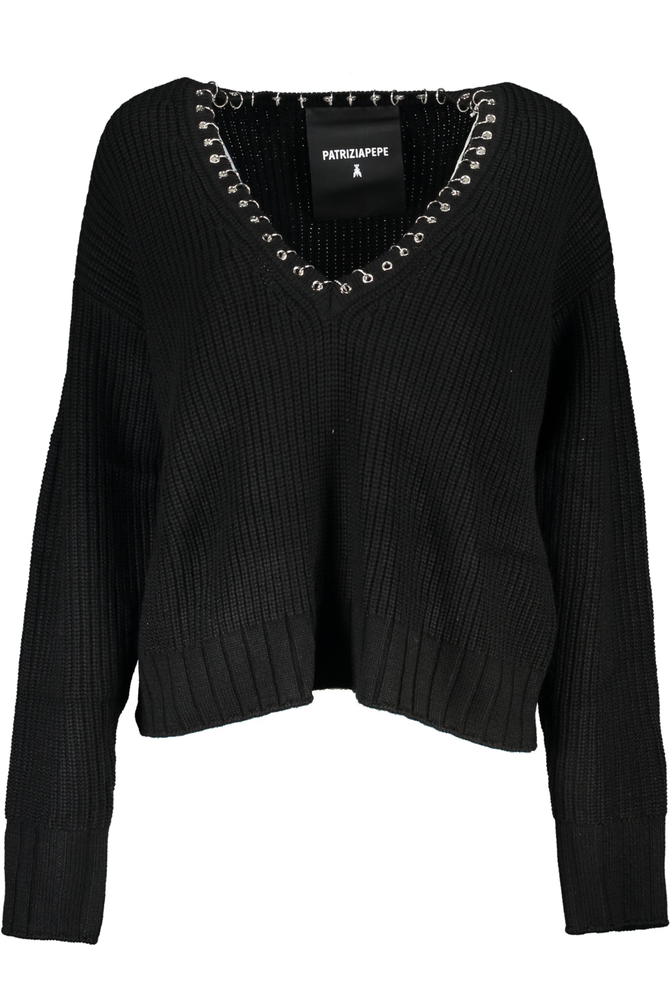 PATRIZIA PEPE Pullover Damen – Schwarzer V-Ausschnitt mit Kontrastdetails Schwarz