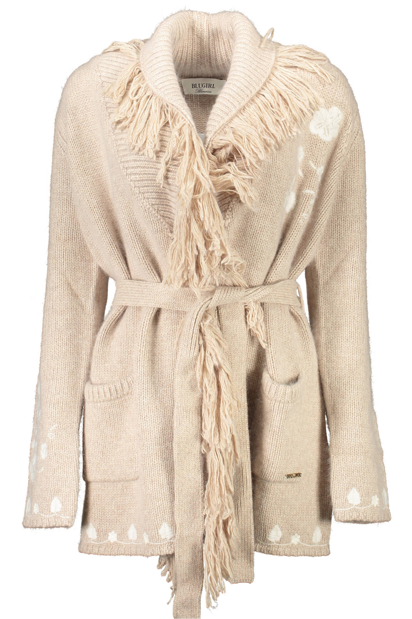 BLUGIRL Cardigan Damen Beige – V-Ausschnitt mit Stickerei & Schnürung | soulluna.de Beige