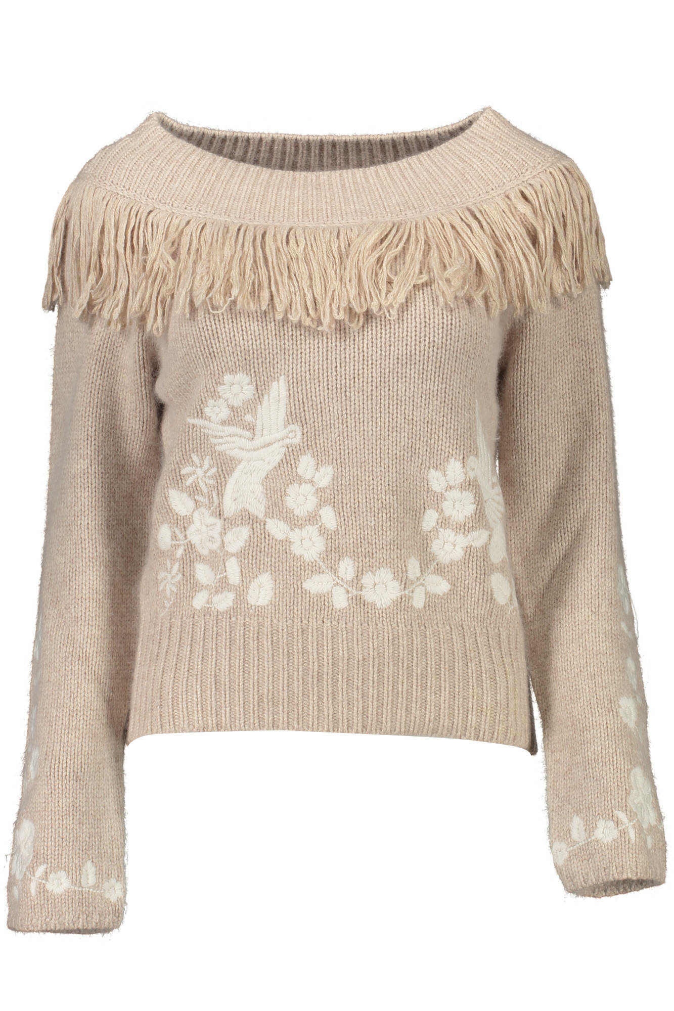BLUGIRL Pullover Damen – Schwarzer Winterpullover mit Stickerei und Angora Beige