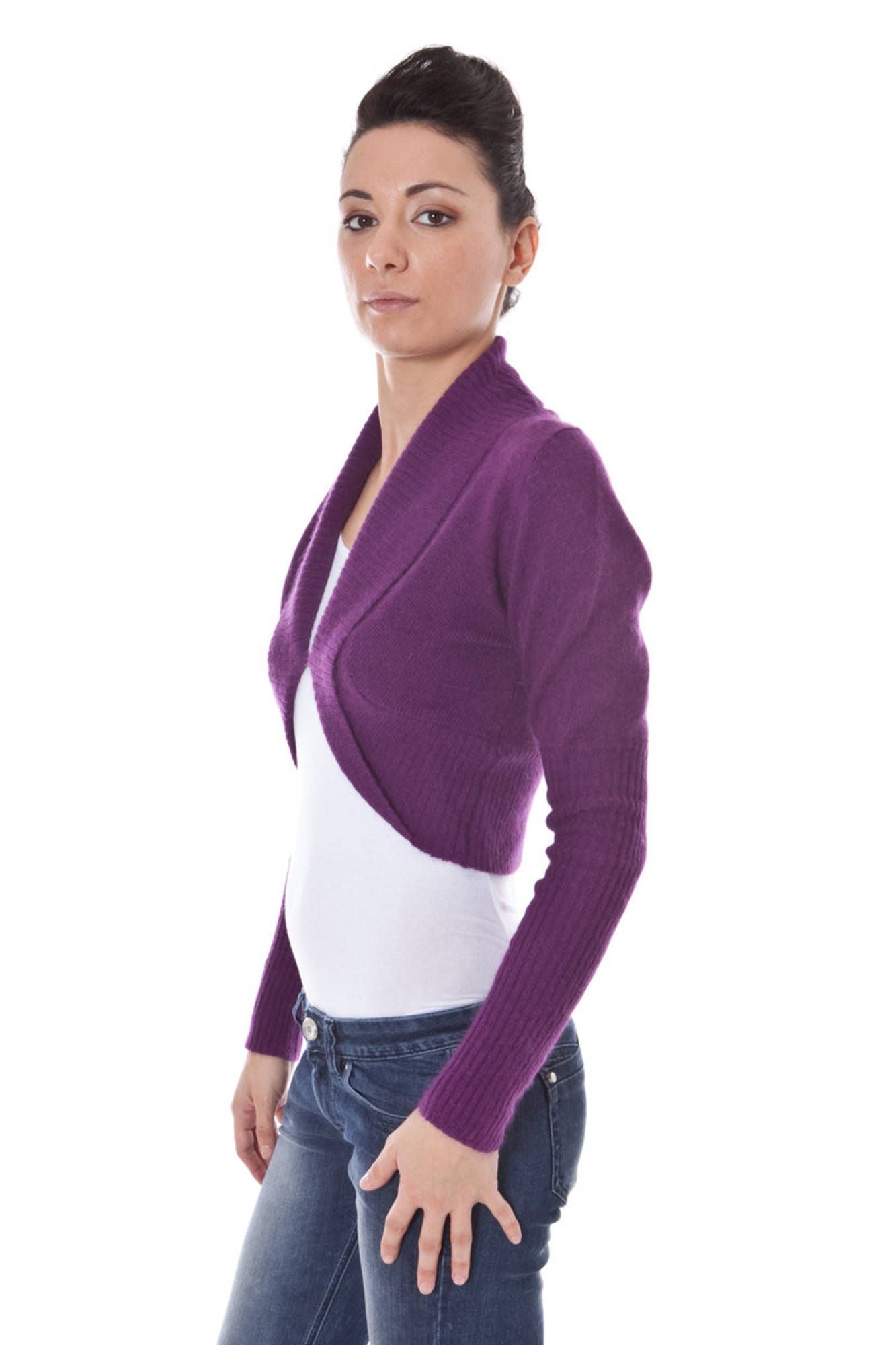 DATCH Shrug Damen – Langes Strickjäckchen in Lila mit Knopfverschluss für Herbst/Winter Violett