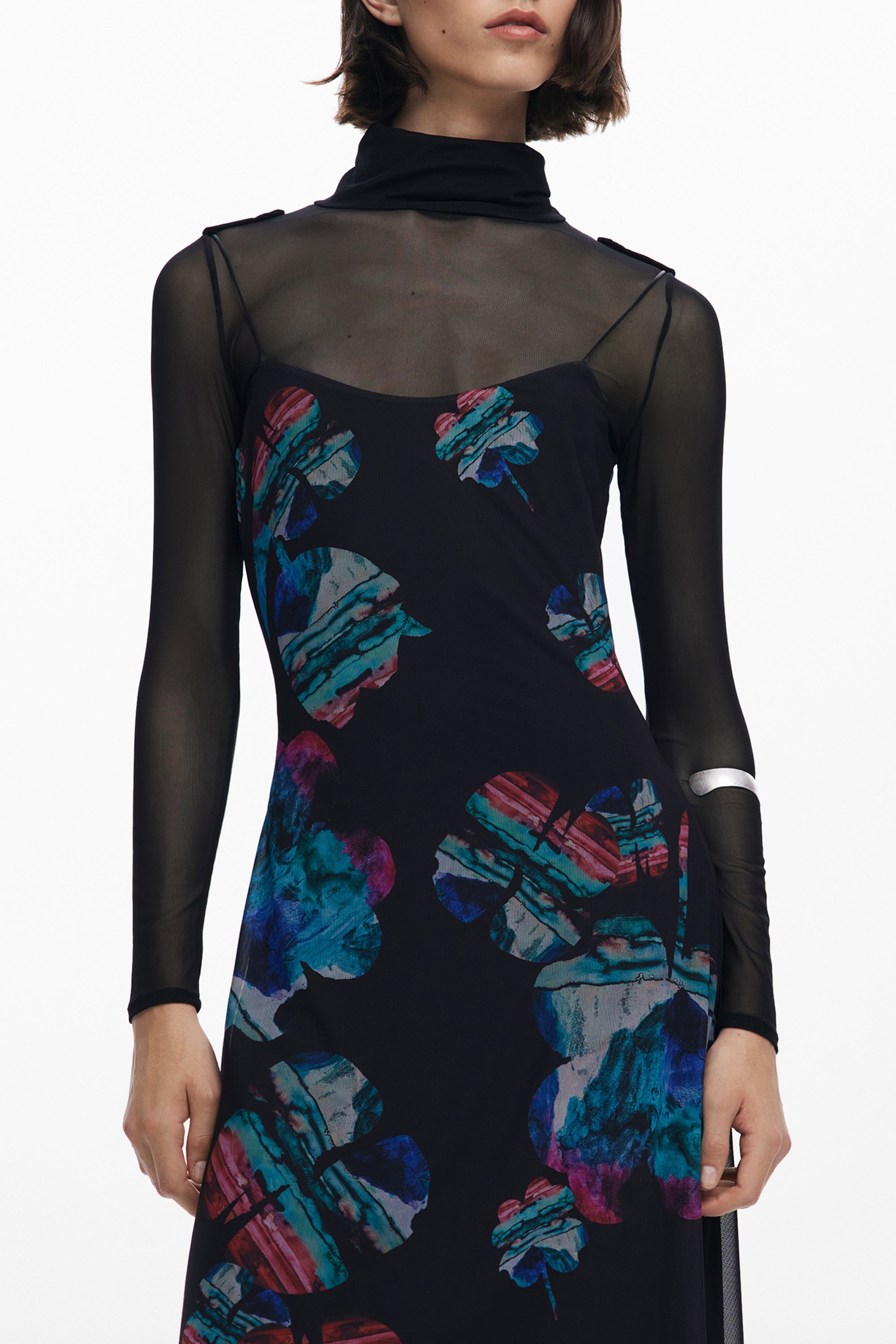 DESIGUAL Langes Schwarzes Damenkleid – Verstellbare Träger & Aquarell-Druck Schwarz