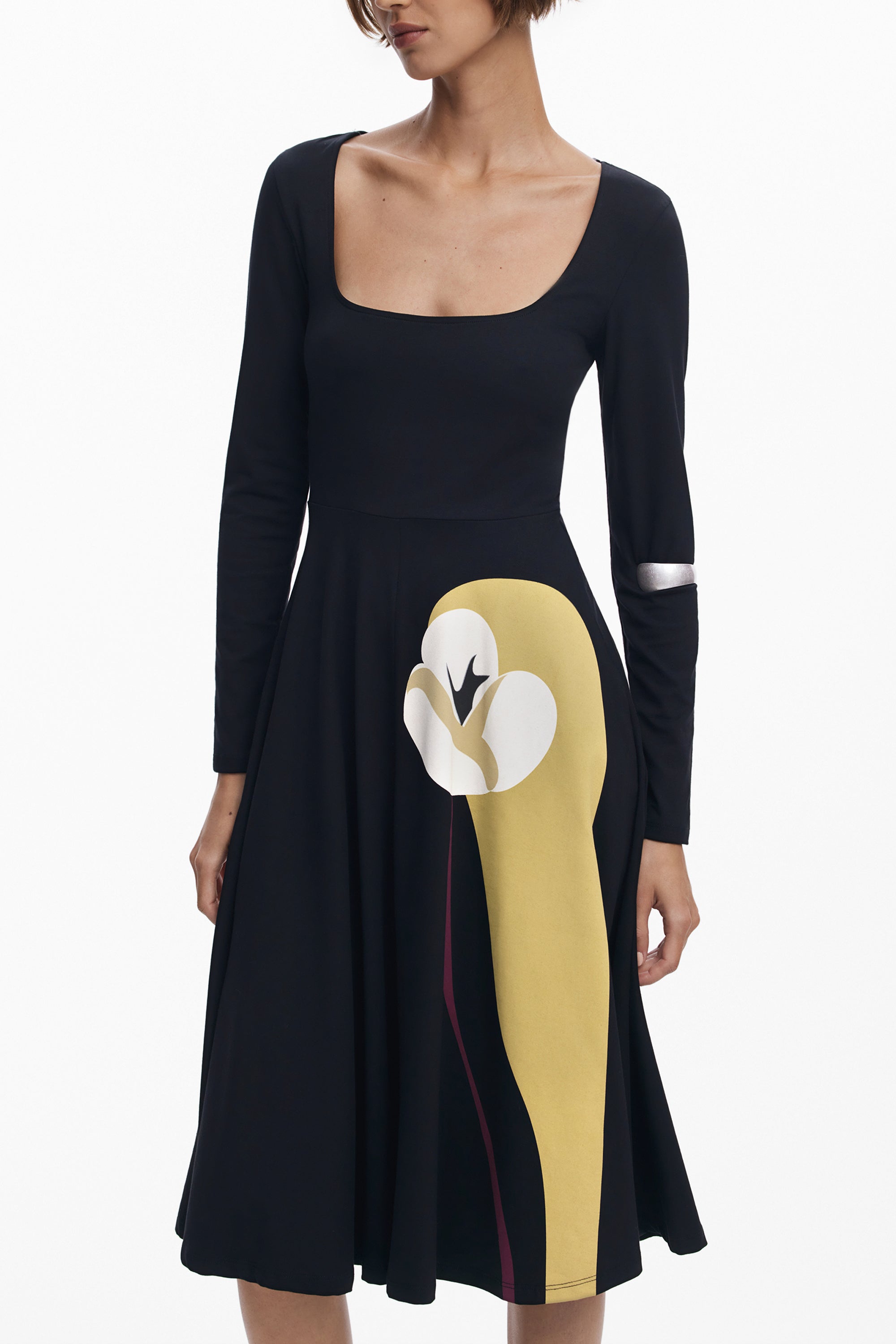 DESIGUAL Langes Schwarzes Damenkleid – Lirio Druck mit weitem Ausschnitt Schwarz
