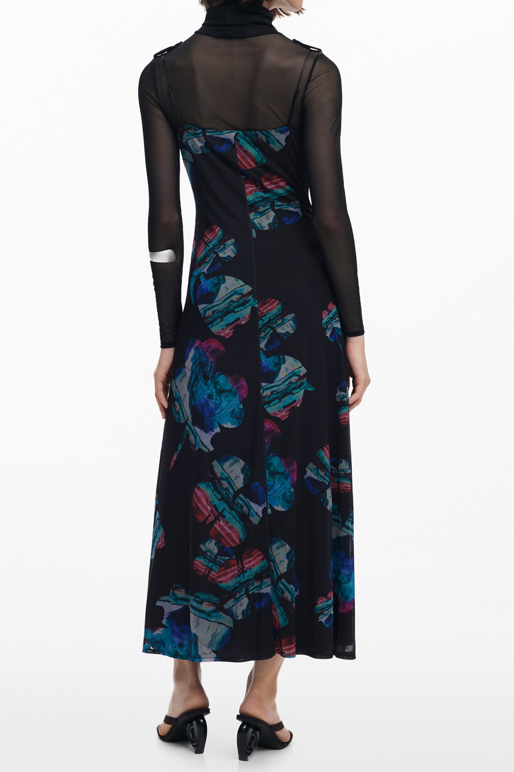 DESIGUAL Langes Schwarzes Damenkleid – Verstellbare Träger & Aquarell-Druck Schwarz