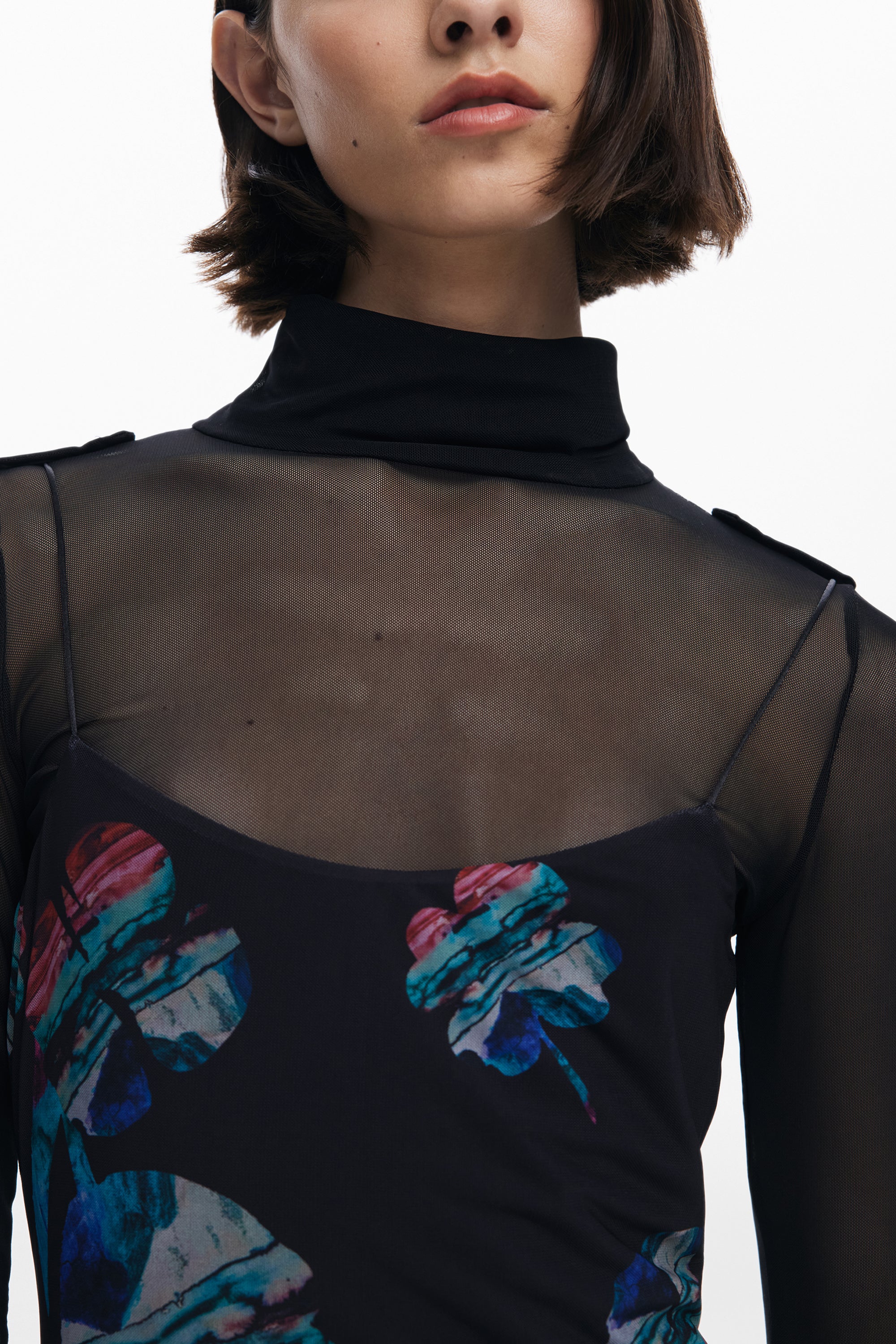 DESIGUAL Langes Schwarzes Damenkleid – Verstellbare Träger & Aquarell-Druck Schwarz