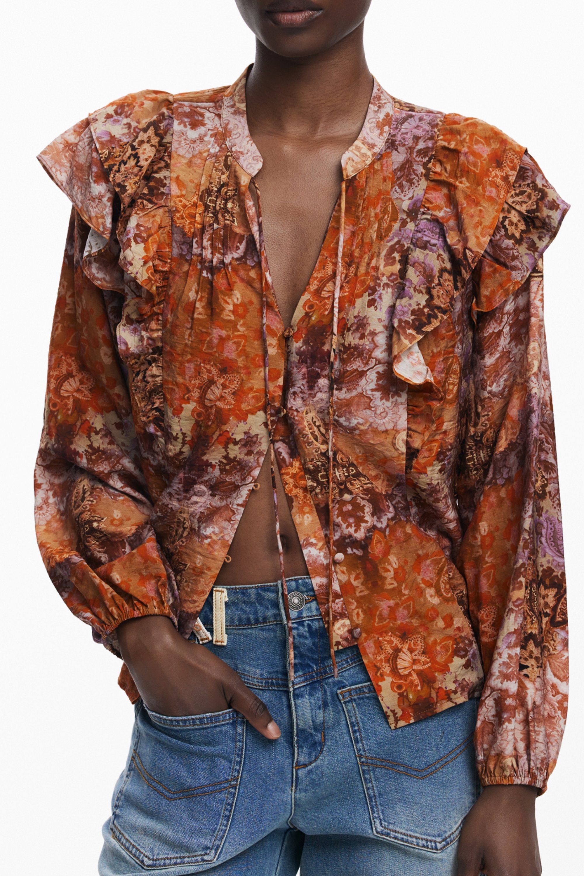DESIGUAL Langarmshirt Damen – V-Ausschnitt mit Knopfdetails | Orange Orange