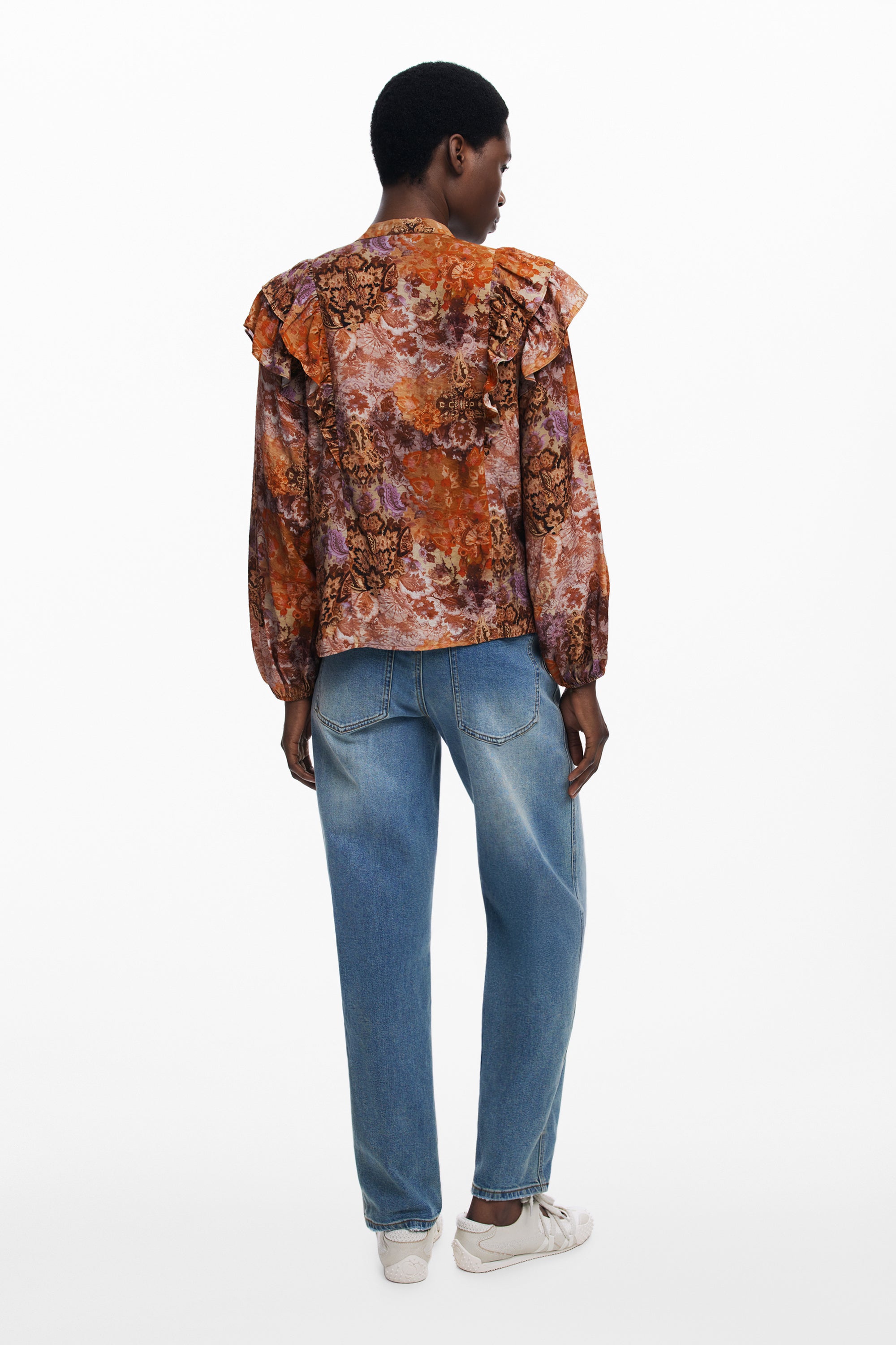 DESIGUAL Langarmshirt Damen – V-Ausschnitt mit Knopfdetails | Orange Orange