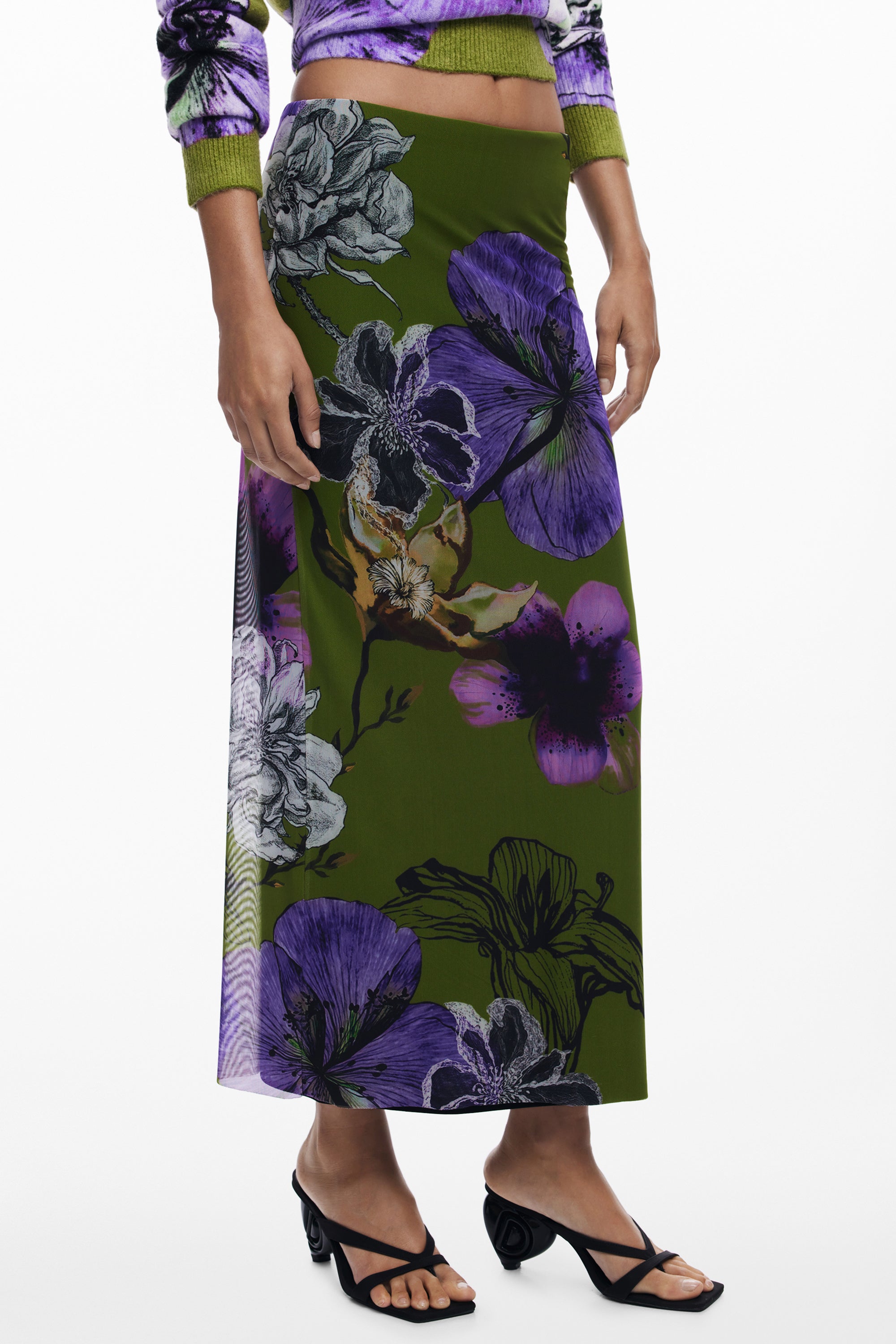 DESIGUAL Langer Grüner Damenrock – Tüllblumen-Detail & elastische Taille | soulluna.de Grün