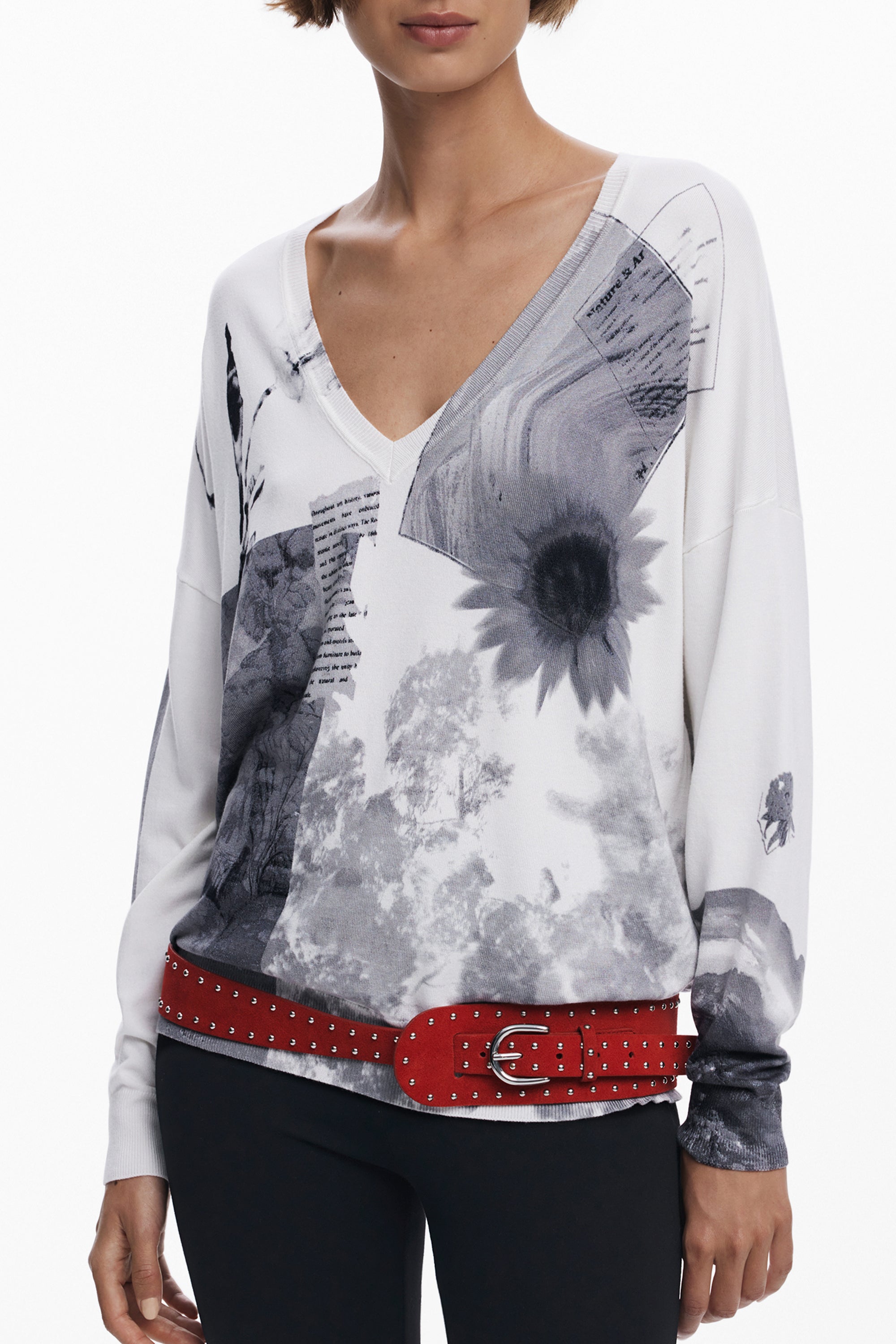 DESIGUAL Pullover Damen – Weißer V-Ausschnitt Pullover mit Muster für Herbst/Winter Weiß