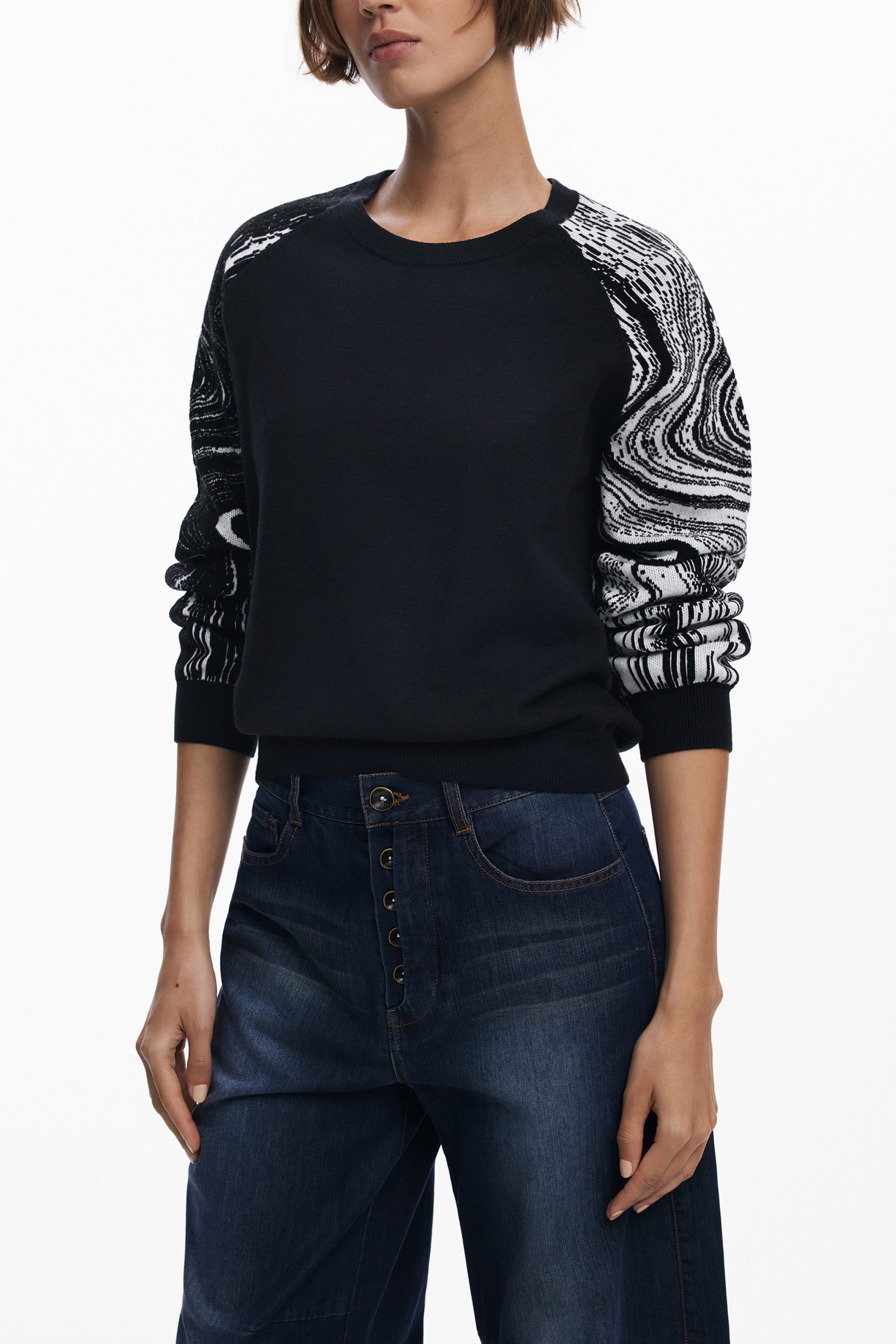 DESIGUAL Damen Pullover schwarz – Langärmlig mit kontrastierenden Details | soulluna.de Schwarz