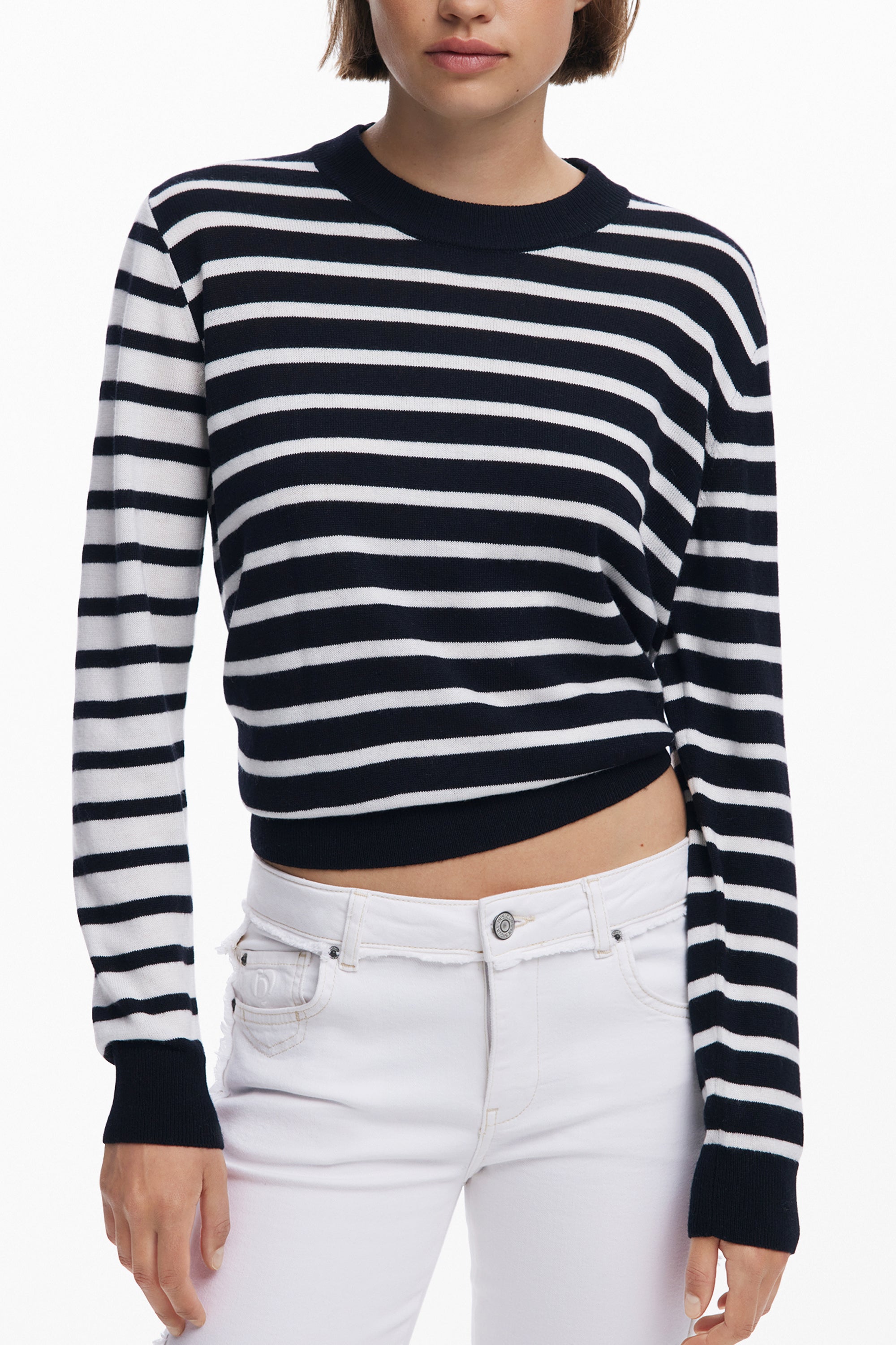 DESIGUAL Damen Pullover schwarz – Gestreifter Langarm-Pullover mit Stickerei Schwarz