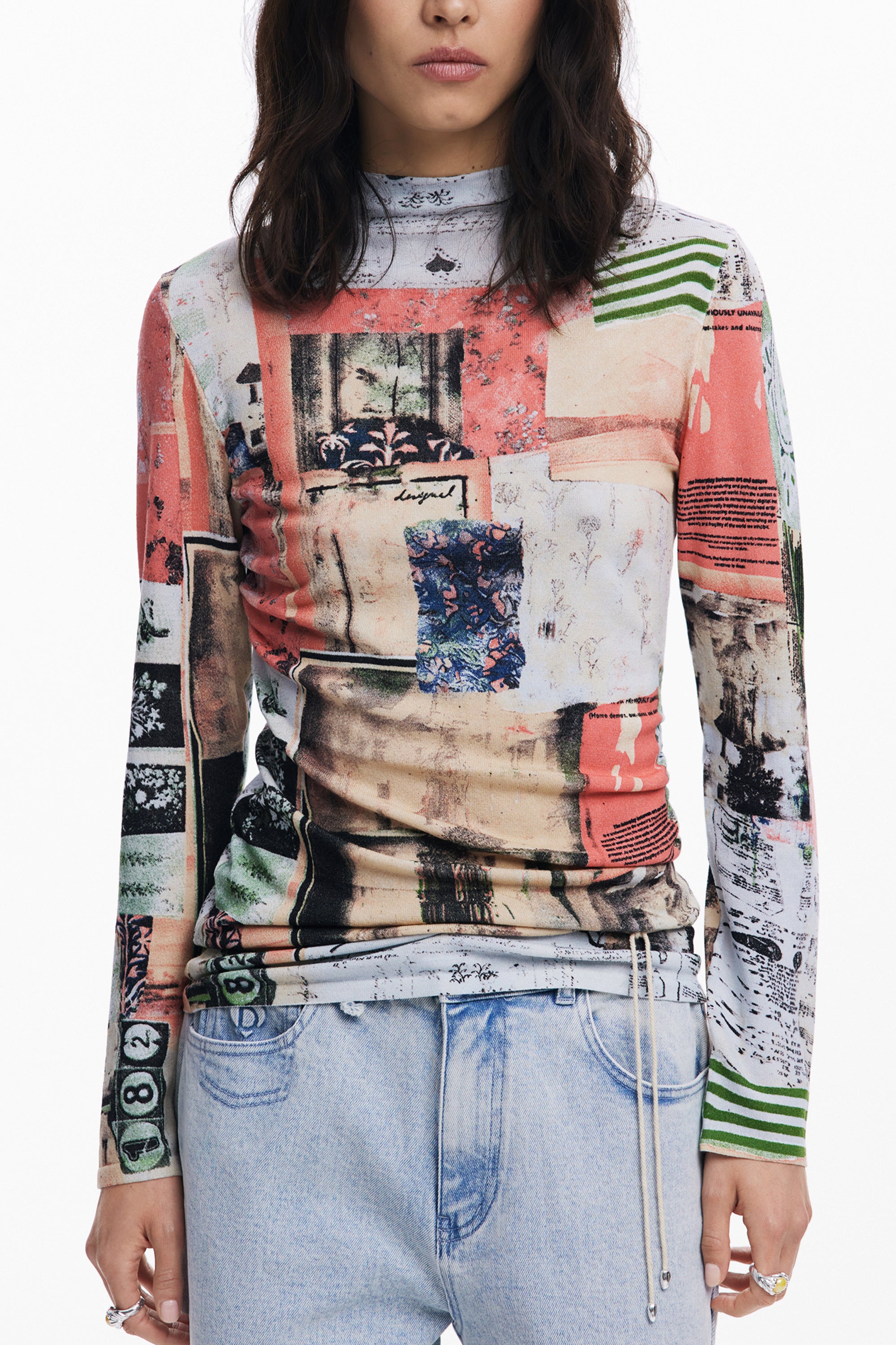 DESIGUAL Pullover Damen – Rosa gemustertes Langarmshirt mit Rollkragen | soulluna.de Rosa