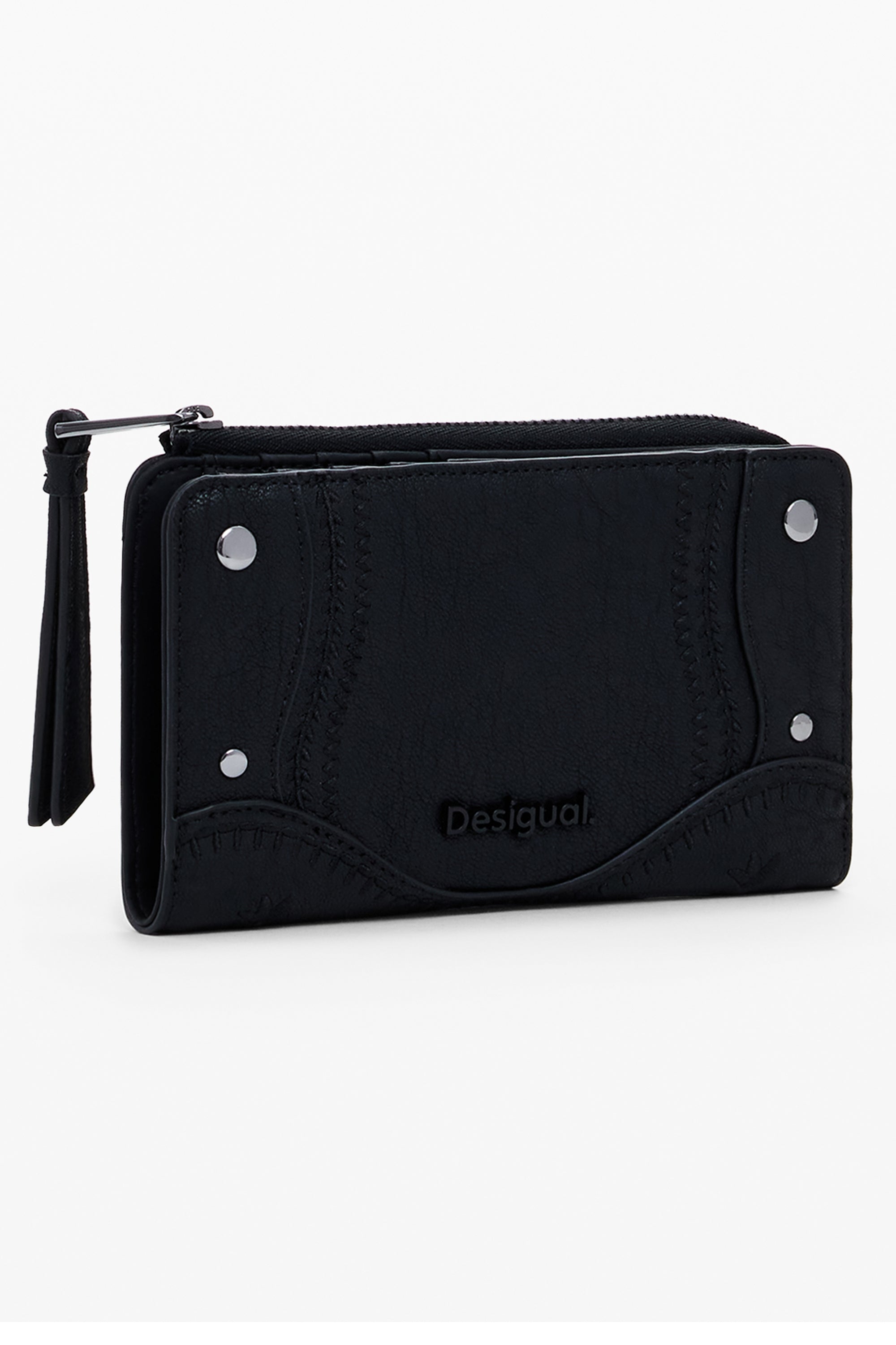 DESIGUAL Damen Brieftasche schwarz – Geldbörse mit Stickerei und Reißverschluss Schwarz