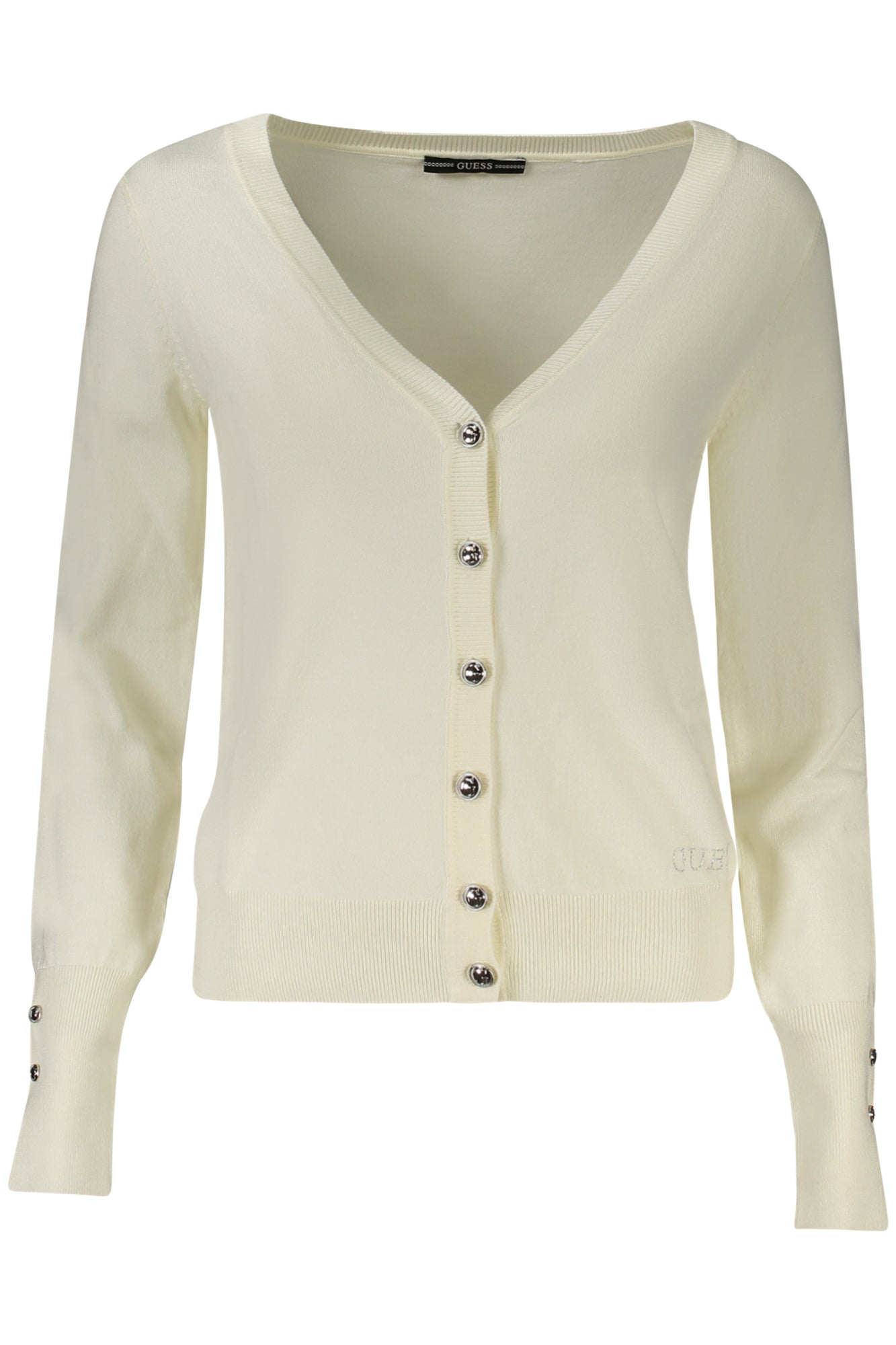 GUESS JEANS Damen-Cardigan Weiss – V-Ausschnitt mit Strass-Applikationen | soulluna.de Weiß