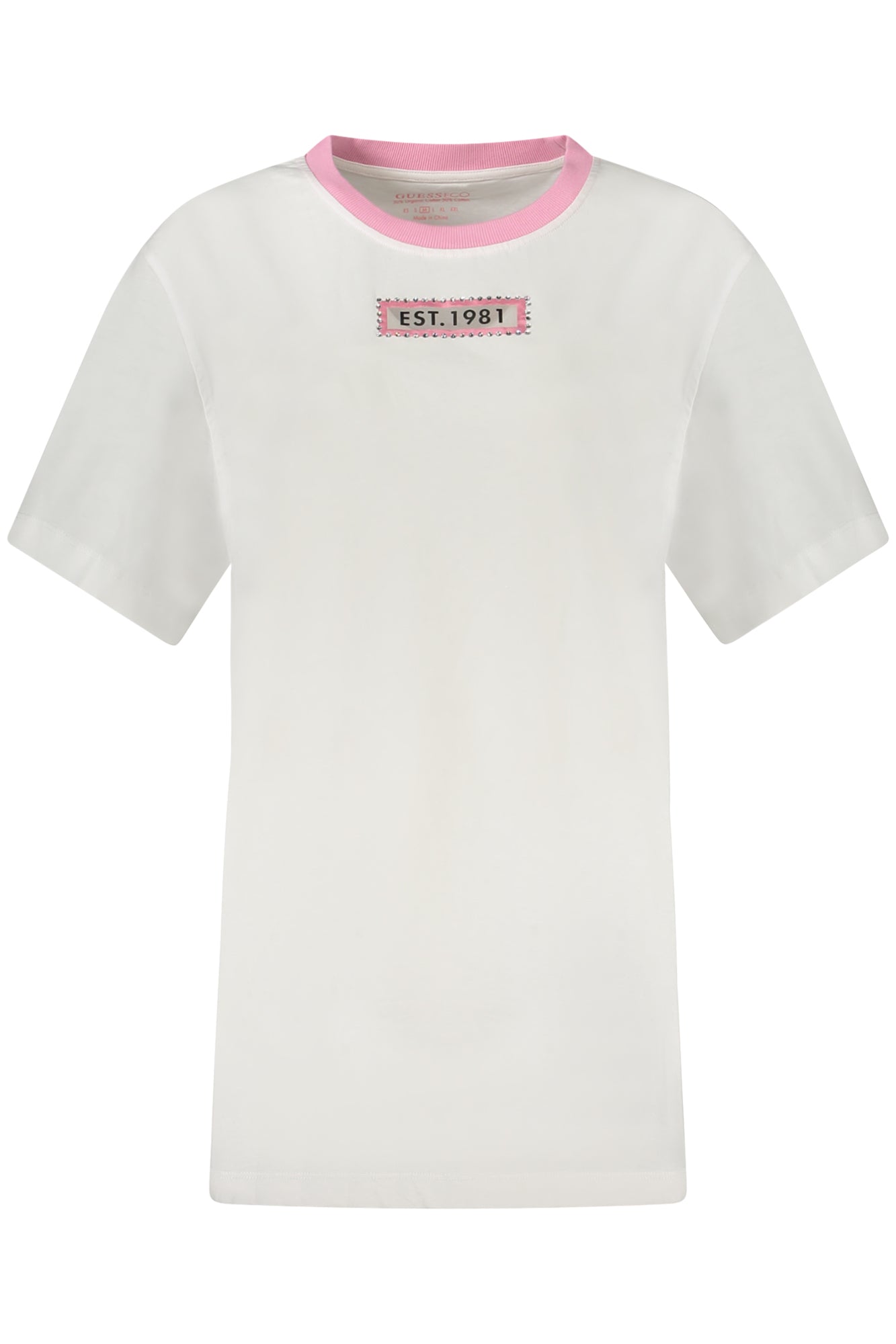 GUESS JEANS Kurzarm-T-Shirt Damen Weiss – Bio-Baumwolle mit Strass-Steinen Weiß Hauptbild