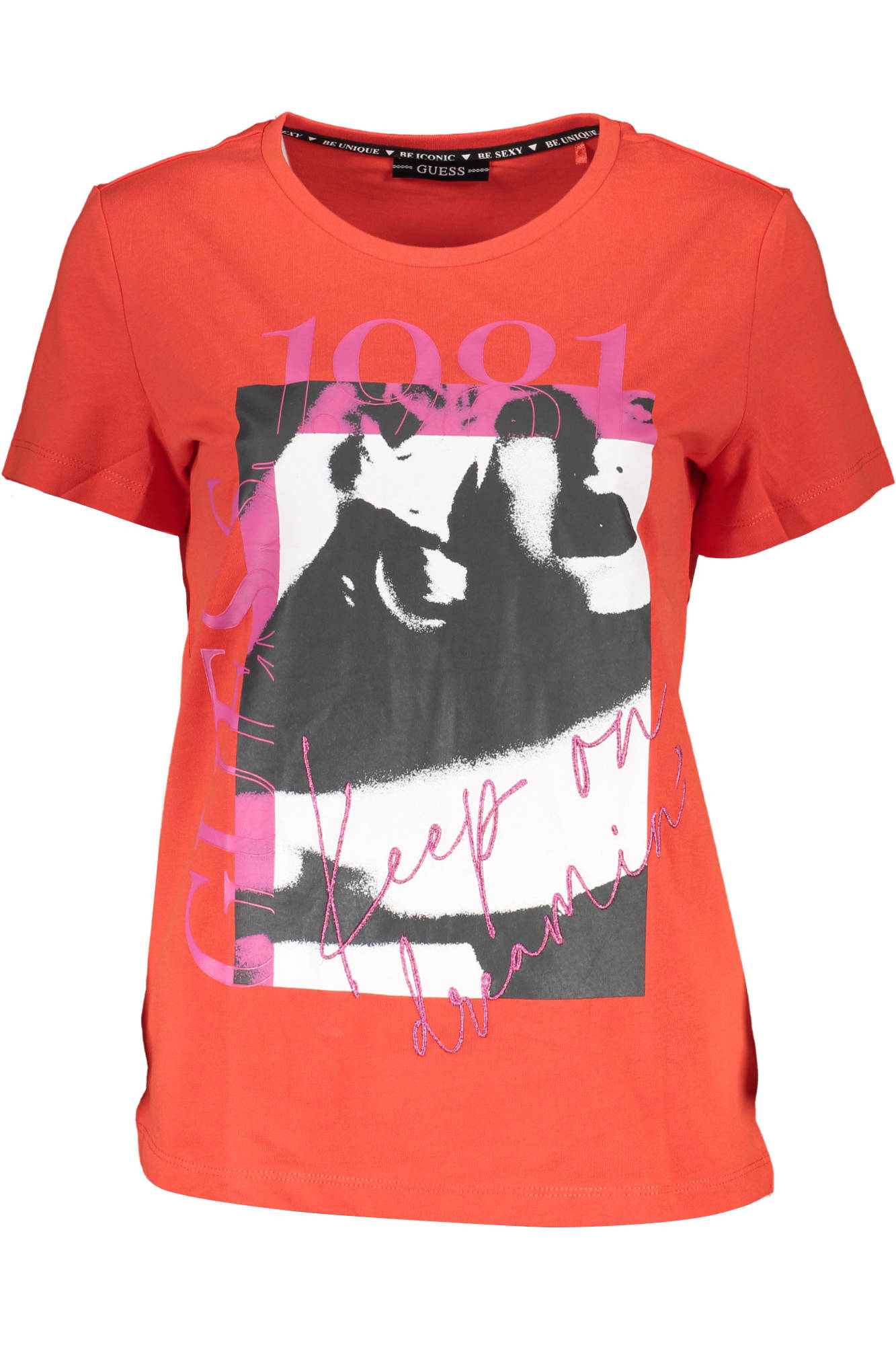 GUESS JEANS Damen T-Shirt Grau – Kurzarm mit Logo-Stickerei | soulluna.de Rot
