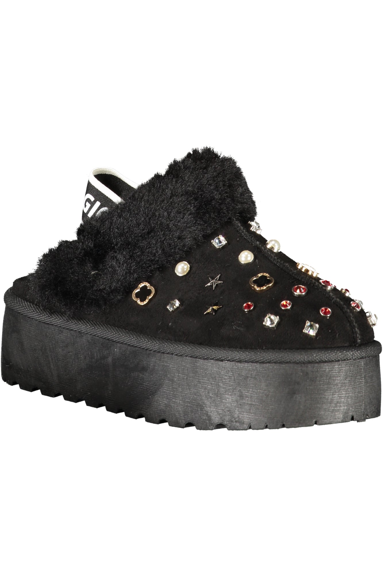 Laura Biagiotti Clogs Damen – Schwarze Winter-Clogs mit Pelz und Strass Schwarz