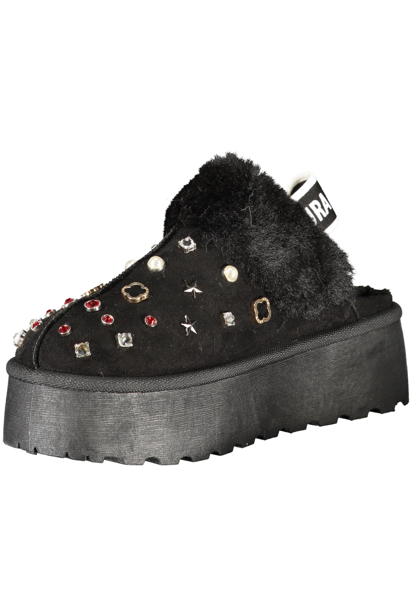 Laura Biagiotti Clogs Damen – Schwarze Winter-Clogs mit Pelz und Strass Schwarz