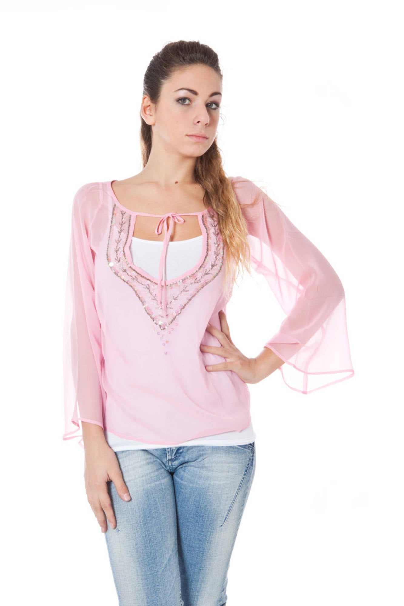 PHARD Langarm T-Shirt Damen Rosa – V-Ausschnitt mit Pailletten | Italienische Seide Rosa